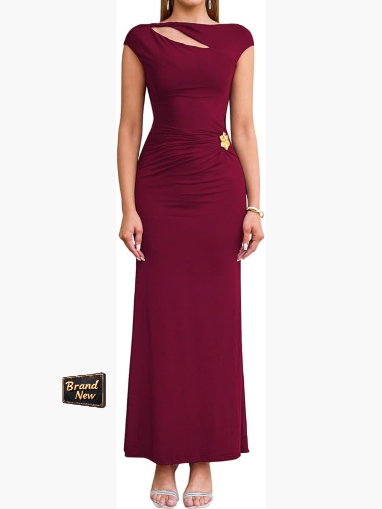 Ruched Bodycon Maxi Dress Cap Sleeve Cutout Long Formal Party